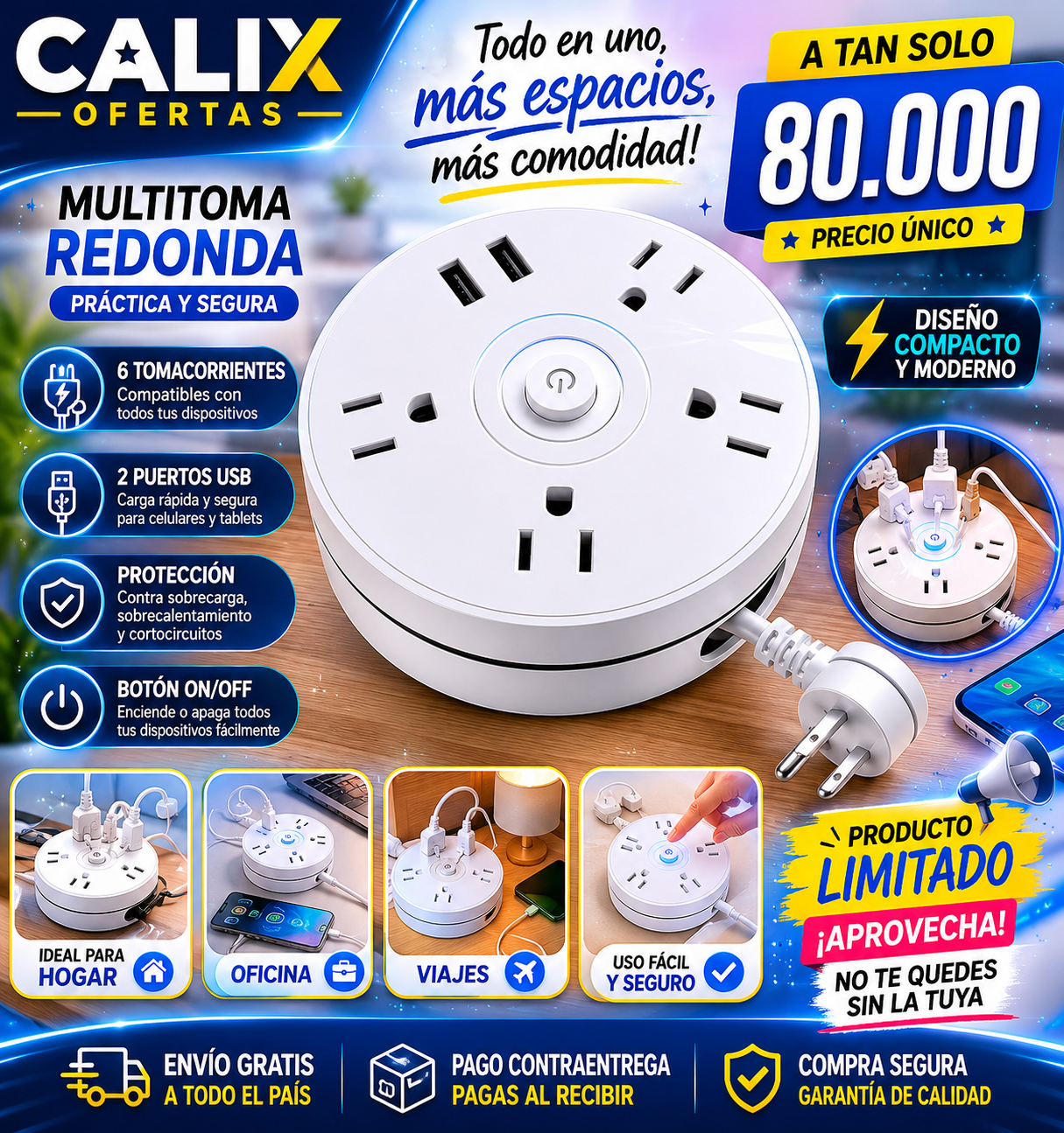 Extensión Eléctrica Redonda Multitoma 6p